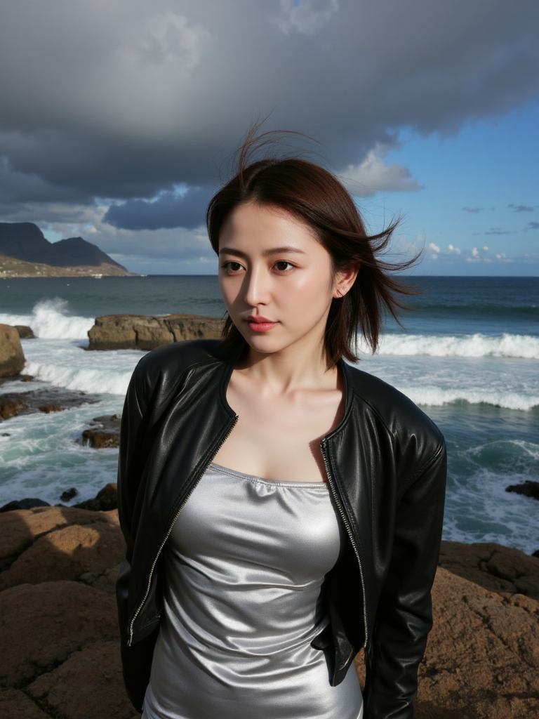 There are wonderful studio lights and various reflections,
18yo beautiful cute girl with blushing and female orgasm.skin naturally showing the texture of blood vessels and detailed pale skin,
--,
<lora:Masami_Nagasawa_f1:0.9>,she is Masami Nagasawa, At the dramatic cliffs of Cape Point in South Africa, a girl with sharp features and a confident demeanor stands against the wind. She wears a form-fitting, metallic silver evening gown that reflects the harsh, natural light, paired with a sleek, black leather jacket. Her hair is blown back by the strong sea breeze as she looks out at the crashing waves. The scene is set under a stormy sky, with dark clouds gathering and the first raindrops beginning to fall. The image is captured in a hyper-realistic style, emphasizing the reflective surface of her dress and the wild, untamed beauty of the landscape.