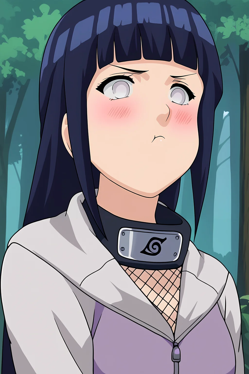 score_9, score_8_up, score_7_up, score_6_up, source_cartoon, BREAK, HinataHyugaNXL, no pupils, white eyes, black hair, long hair, blunt bangs, mediun breasts, forehead protector, fishnets, purple jacket, long sleeves, upper body, forest, blush, pout, closed mouth <lora:MamakoPoutPXL:1> <lora:HinataHyugaNXL:1>