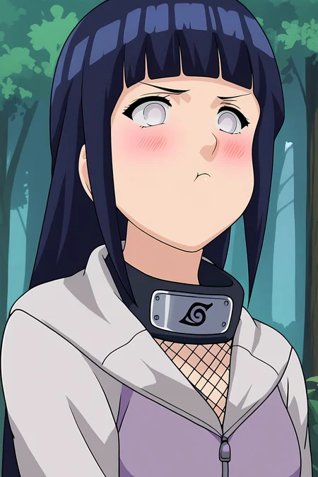 score_9, score_8_up, score_7_up, score_6_up, source_cartoon, BREAK, HinataHyugaNXL, no pupils, white eyes, black hair, long hair, blunt bangs, mediun breasts, forehead protector, fishnets, purple jacket, long sleeves, upper body, forest, blush, pout, closed mouth <lora:MamakoPoutPXL:1> <lora:HinataHyugaNXL:1>