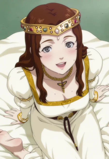 anime screencap, anime coloring,  <lora:DX888Charlotte:1> charlotte, grey eyes, brown hair, lips,hair down, long hair, princess, crown,  necklace, puffy sleeves, long dress, BREAK simple background, green  background, BREAK   1girl, arm support, blush, breasts, feet, from above, looking at viewer, looking up, open mouth, sitting, smile, soles, solo, sweat,