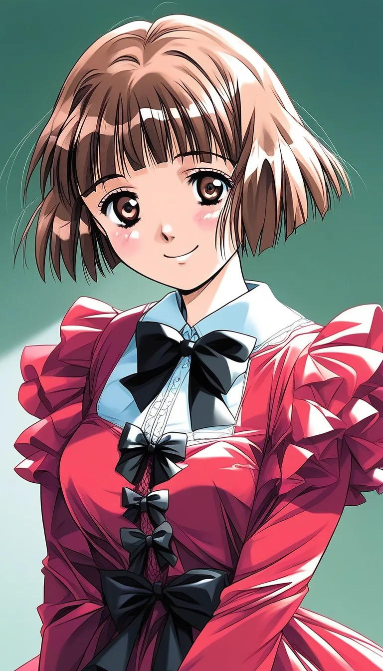 score_9, score_8_up, score_7_up, source_anime, rating_explicit, BREAK <lora:Tsuzuki_Kozue_XL:1>Tsuzuki_Kozue, brown hair, short hair, brown eyes, blunt bangs, medium breasts,
1girl, solo, long sleeves,
smile, dress, looking at viewer, bow, v arms, upper body, black bow, ribbon,
red dress, bowtie
day, school,