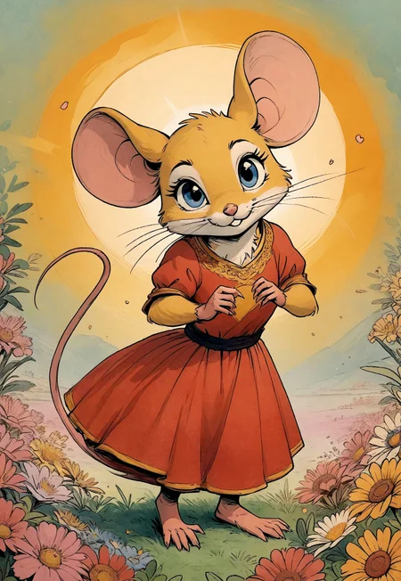 score_9, score_8_up, score_7_up, score_6_up, score_5_up, score_4_up, solo, (fluffy:0.8), (((mouse))), (feral:0.5), female, claws, (fluffy cheeks:0.7), in the style of beatrix potter, (cute), (tall), yellow fur, blue eyes, red dress, expressive, (look at viewer), expressive, dynamic pose, detailed background, ncpy43 style, flowers, carrying flowers, sun, grass, flat color,