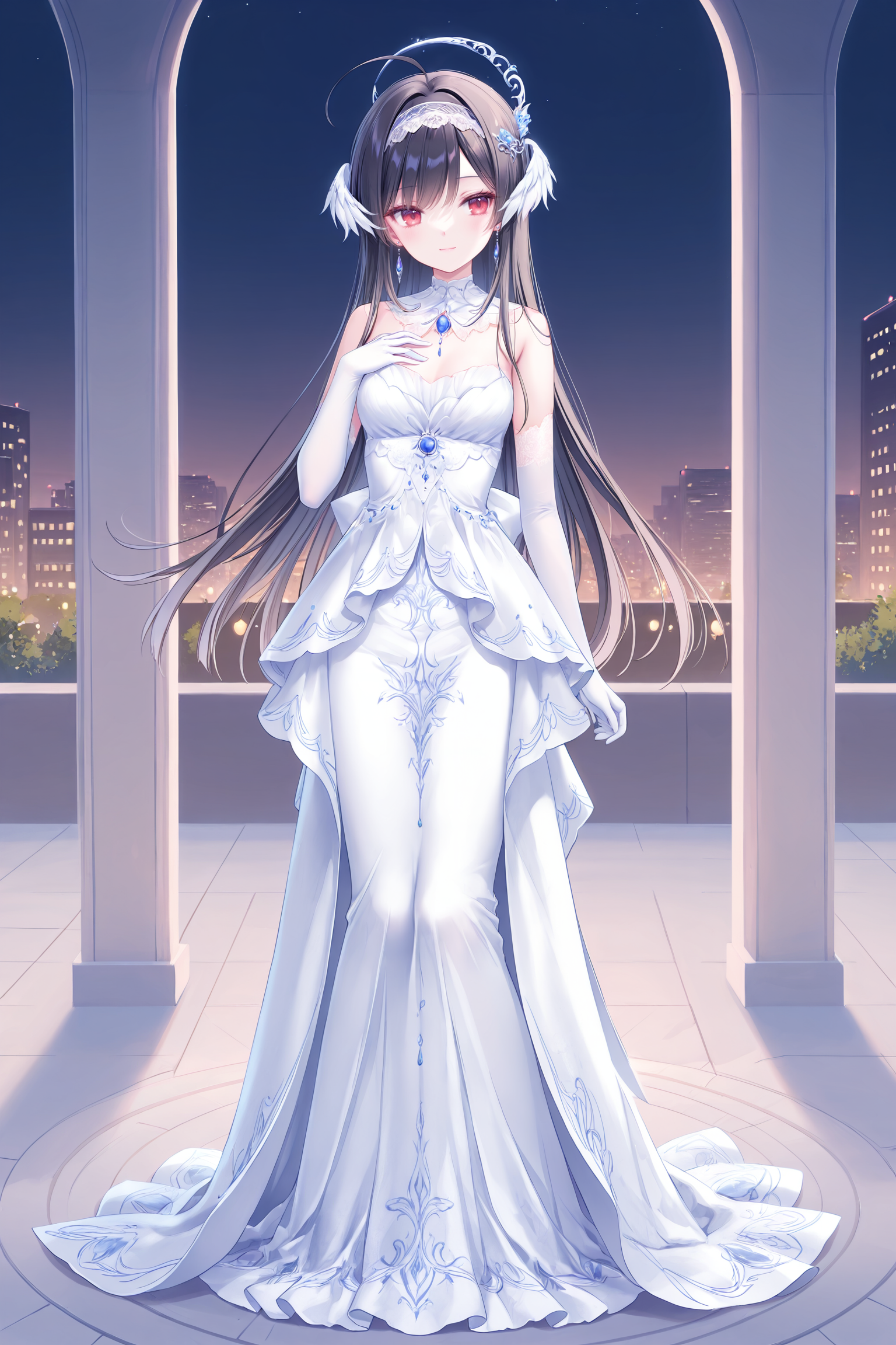 masterpiece,best quality,newest,absurdres,highres,soft shadows,year2024,(chen bin:0.7),(hiten \(hitenkei\):0.4),(rimuu:0.5),(mignon:0.5),(sheya:0.6),
<lora:miaXLNAI-000010:1>,mianonomiya,1girl,ahoge,frilled hairband,black hair,long hair,red eyes,light smile,
<lora:nightowlXLNAI:1>,nightowl,white dress,long dress,jewelry,hair ornament,elbow gloves,pillar,
standing,hand on own chest,arm at side,
outdoors,street,full body,