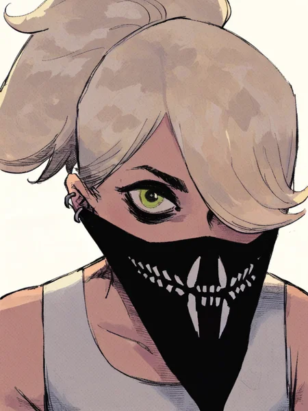 score_9, score_8_up, score_7_up,
1girl, erica slaughter, green eyes, ponytail, blonde hair, hair over one eye, ear piercing, black eyeshadow,
bandana over mouth, white background, looking at viewer, upper body, face, white tank top,