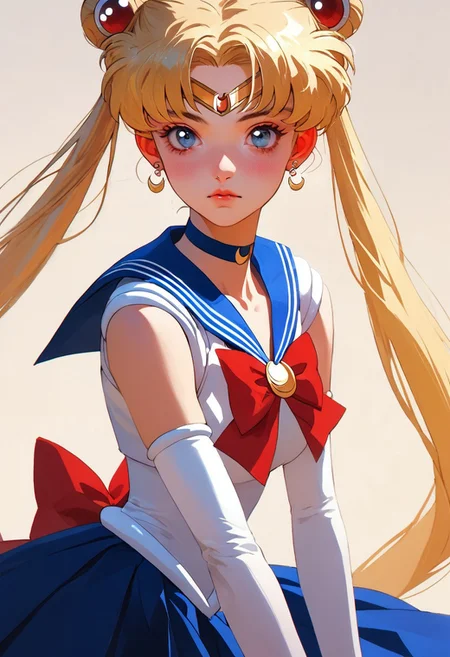 score_9, score_8_up, score_7_up, score_6_up, score_5_up, score_4_up,Alternative Sailor Moon, front view, ,(aausagi, double bun, twintails, parted bangs, circlet, jewelry, earrings, choker, red bow, white gloves, elbow gloves, blue skirt:1.2)