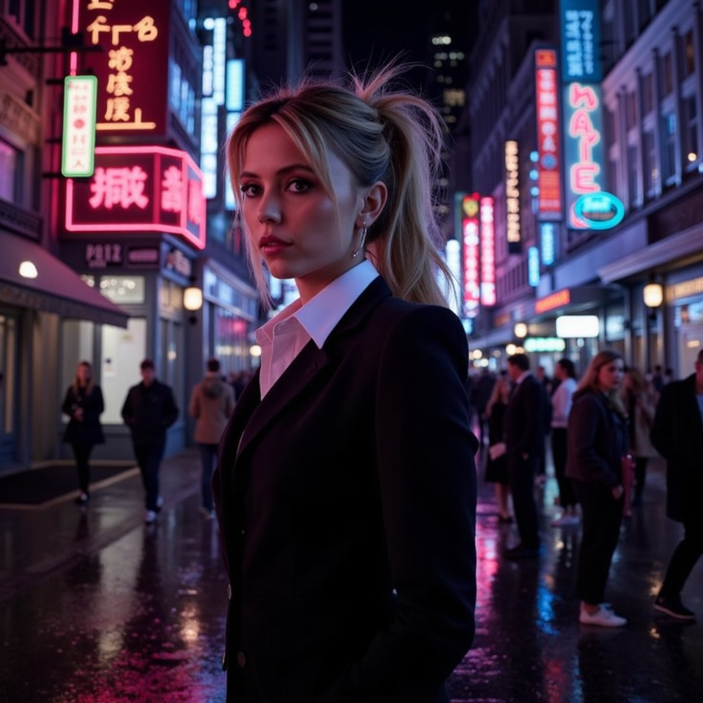 futuristic style neon noir surrealist art a beautiful blond woman, wearing a secretary uniform, in an office <lora:Riley_Voelkel:1> rileyv . dreamlike, mysterious, provocative, symbolic, intricate, detailed . cyberpunk, dark, rainy streets, neon signs, high contrast, low light, vibrant, highly detailed . sleek, modern, ultramodern, high tech, detailed