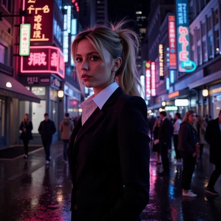futuristic style neon noir surrealist art a beautiful blond woman, wearing a secretary uniform, in an office <lora:Riley_Voelkel:1> rileyv . dreamlike, mysterious, provocative, symbolic, intricate, detailed . cyberpunk, dark, rainy streets, neon signs, high contrast, low light, vibrant, highly detailed . sleek, modern, ultramodern, high tech, detailed