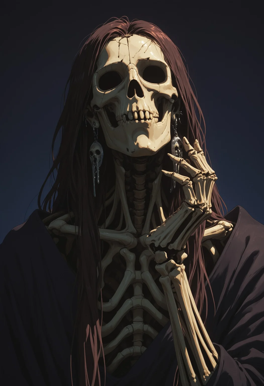 mcht2, 1other, skull, no_humans, other_focus, solo, ancient, white_skeleton, ribcage, collarbone, skeleton_arm, resting hand, hands_on_own_face, (((partially undressed))), off shoullder, dark_background, deep shadows, robes, (black robes), oversized earrings, (((very long earrings))), silver_jewelry, looking away, skeleton priest, clothed, (unaware), robe, long_sleeves, ((expressive solitude)), very long hair, (dark-brown_hair), hair_over_face, loose_hair_strand, upper body, portrait, dramatic lighting, detailed lighting, masterfully drawn, expressive, amazing quality, best resolution, very aesthetic, 4k, latest, , <lora:7816f2e6-0748-4dd1-8f42-d358756e2d5d:0.9>