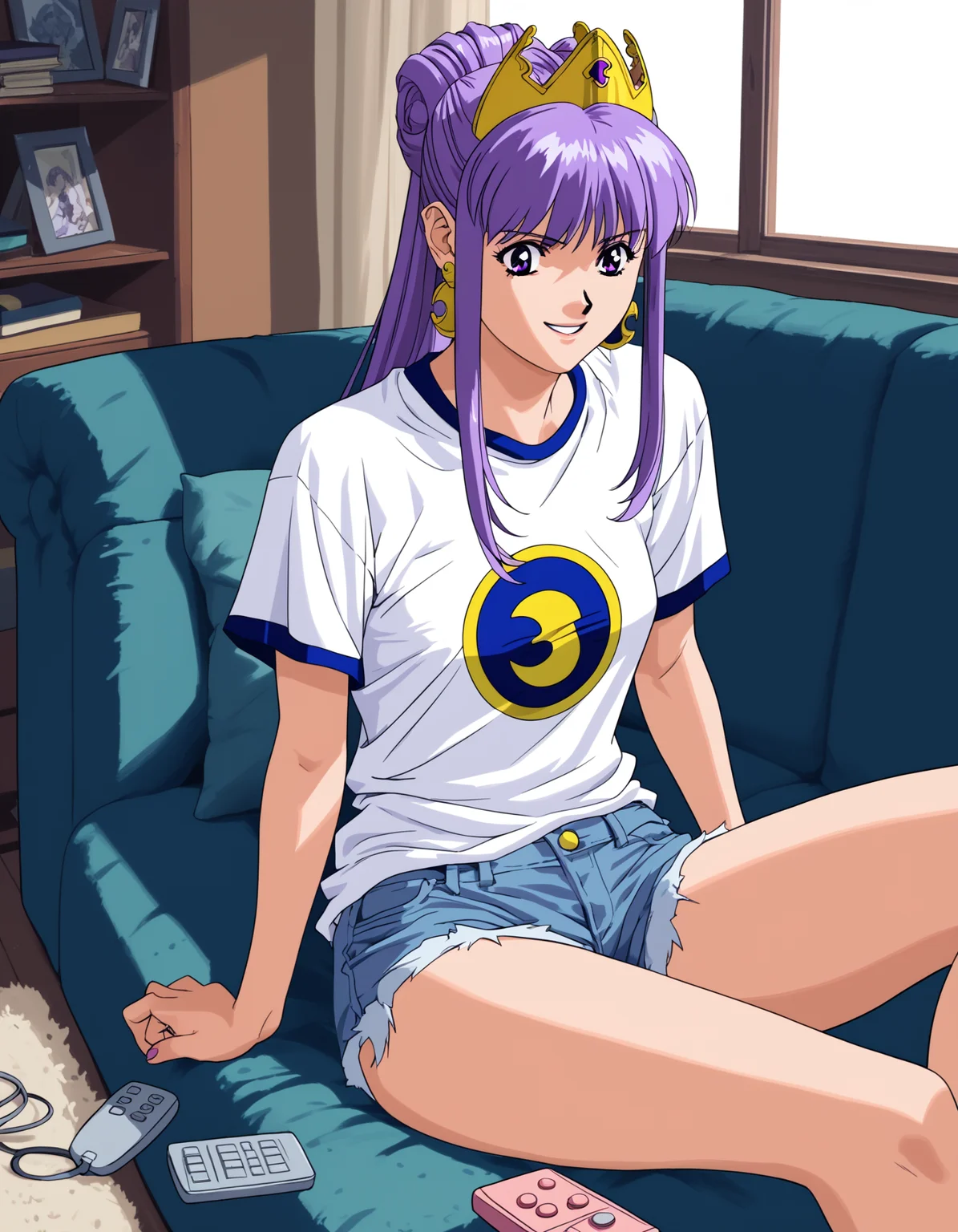 score_9, score_8_up, score_7_up 1girl, solo, julietta, purple eyes, crown, messy, taut shirt, cutoffs,
sitting, happy, leaning on object, remote control, couch, messy room, living room,
<lora:julietta-ponyxl-000053:0.75> retro artstyle