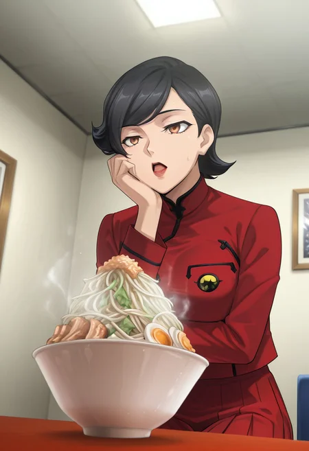 score_9,score_8_up,score_7_up,source_anime,5_figner,2d_animation,game cg,BREAK,1girl,solo,
Sagami Kei,short hair,swept bangs,black hair,brown eyes,red lips,red school uniform,red skirt,pleated skirt,black pantyhose,long sleeves,
jirou,ramen,noodles, sitting, table, steam,hands up, 
ceiling, portrait, looking ahead, open mouth,
masterpiece,best qualit,ultra-detailed,illustration,an extremely delicate and beautiful,beautiful detailed eyes,unity 8k wallpaper,high resolution,anime CG,official_art,Erotic_style,anime_coloring, anime_screencap,