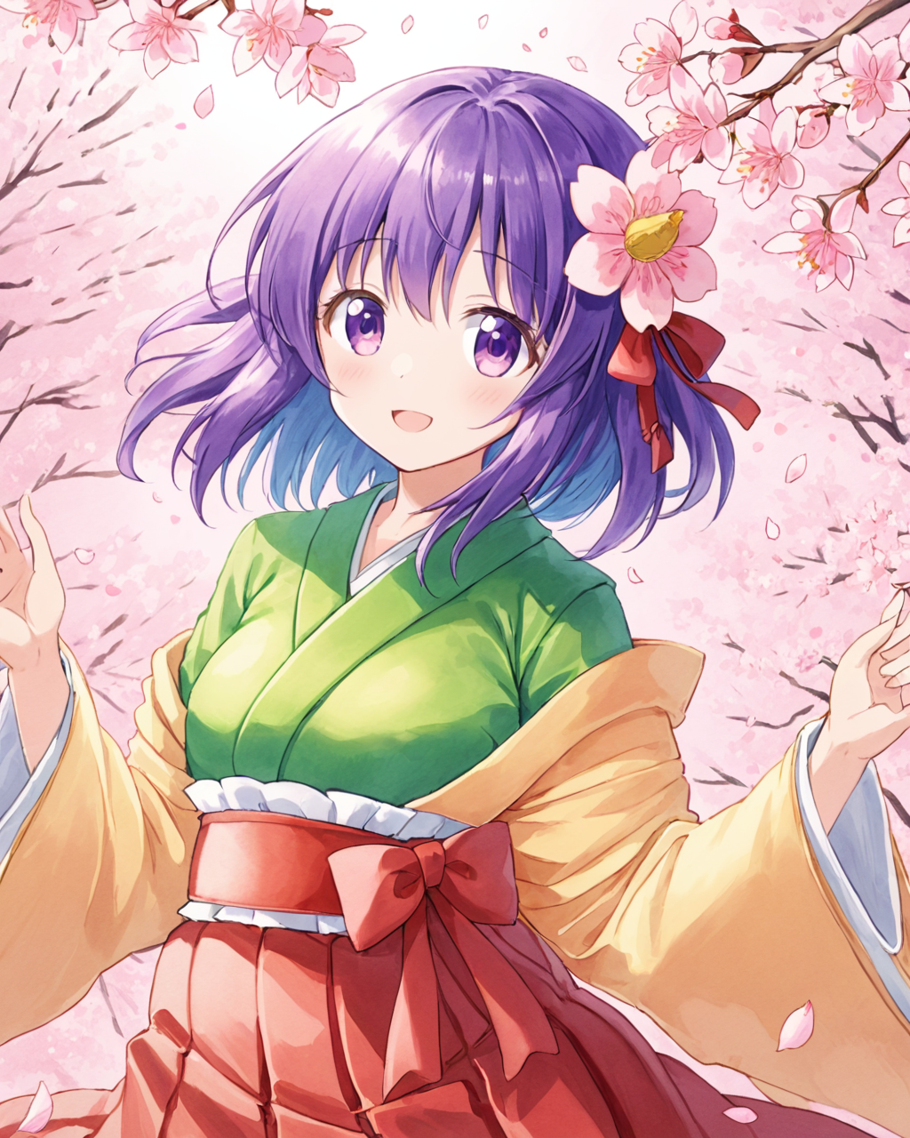 hieda no akyuu,1girl, solo, cherry_blossoms, traditional_media, hair_flower, painting_\(medium\), open_mouth, smile, kimono, watercolor_\(medium\), skirt, sash, petals, looking_at_viewer, dated, colored_pencil_\(medium\)
<lora:hieda_no_akyuu_image926_2023-12-20:1>,star-shaped_pupils,symbol-shaped_pupils,. gorgeous,key visual, vibrant, studio anime,award-winning, professional, highly detailed,high budget, cinemascope
