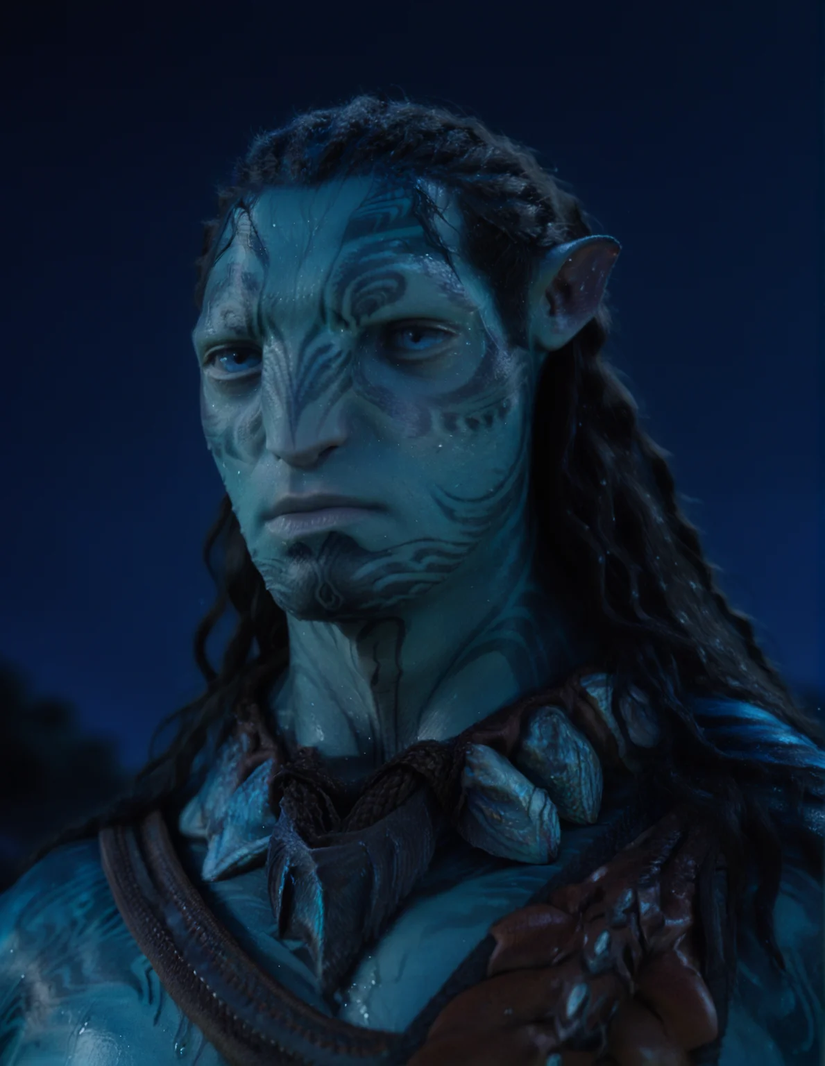 <lora:Tonowari:1> tonowari, solo, 1boy, blue skin, blue eyes, wet hair, closed mouth, hyper detailed, ultra sharp focus, night, dark, score_9, score_8_up, score_7_up, score_6_up