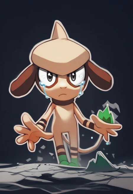 score_9, score_8_up, score_7_up, score_6_up, score_5_up, score_4_up, smearglepkmn, solo, pokemon \(species\), tan fur, eye markings, thin tail, tail tuft, green tail tip, black eyes, small pupils, plantigrade, 3 fingers, 3 toes, crying, glowing eyes, expressionless, reaching out,
BREAK,
cracks in the ground, floating rocks, static, black background, flat ground, black theme, greyscale, thick outline, black outline, j3n