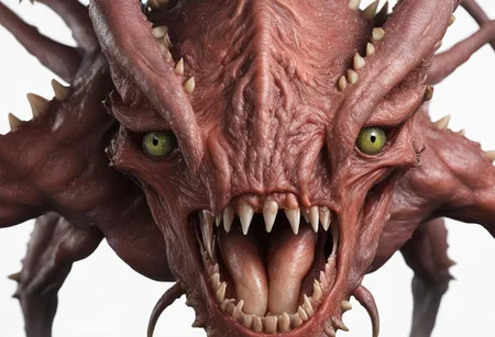 masterpiece, best quality, awsome details, smal fragile monster, skin like flesh  no nose, 3 tongues, 3 eyes, shapre long stick out teeth