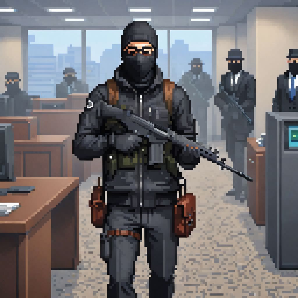 a bank robber holding a rifle, in the middle of a federal bank during a heist, black suit, balaclava, duffel bag, fnfalrfl, pixel art