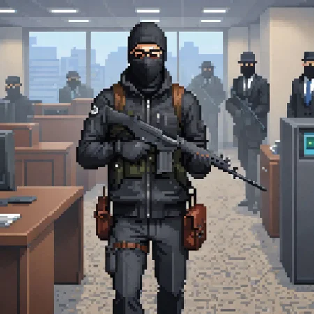 a bank robber holding a rifle, in the middle of a federal bank during a heist, black suit, balaclava, duffel bag, fnfalrfl, pixel art