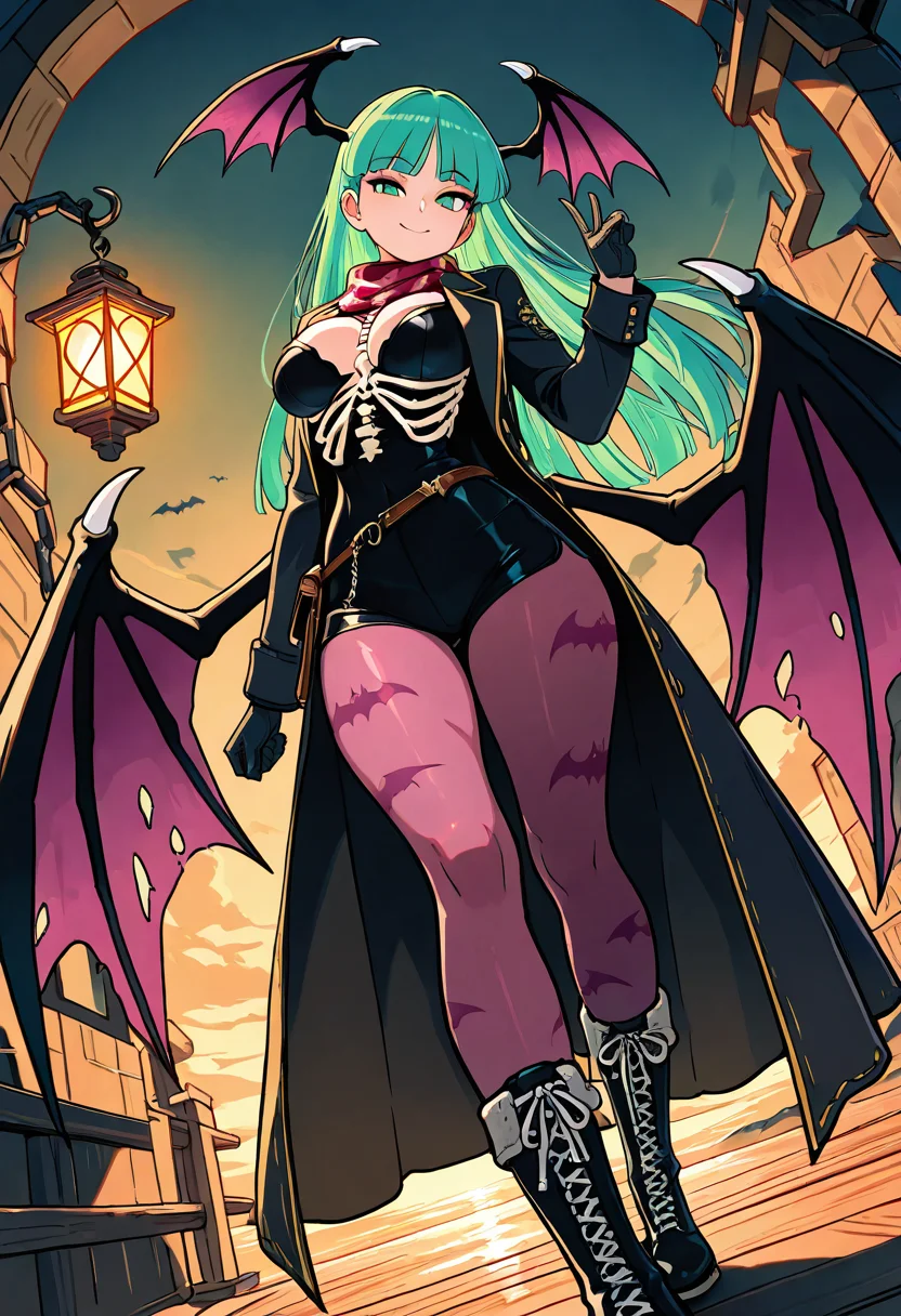 masterpiece, best quality, solo, curvy, beautiful eyes, narrow waist, wide hips, 1girl, solo, smile, looking at viewer, dynamic angle, foreshortening, close up,     zzMorrigan, green eyes, green hair, long hair, blunt bangs, head wings,  bat wings, low wings,  ,<lora:MorriganAenslandCSV_IXL_v1:0.5>,  [Ghostflag Buccaneer], tattered black overcoat with fading silver thread, skeletal chest pin, frayed scarf fluttering, shadowed tricorne with skull insignia, gloves with bone-like embroidery, sea-soaked boots, lantern hanging from belt hook, haunted ship deck with spectral sails, stoic stance,
