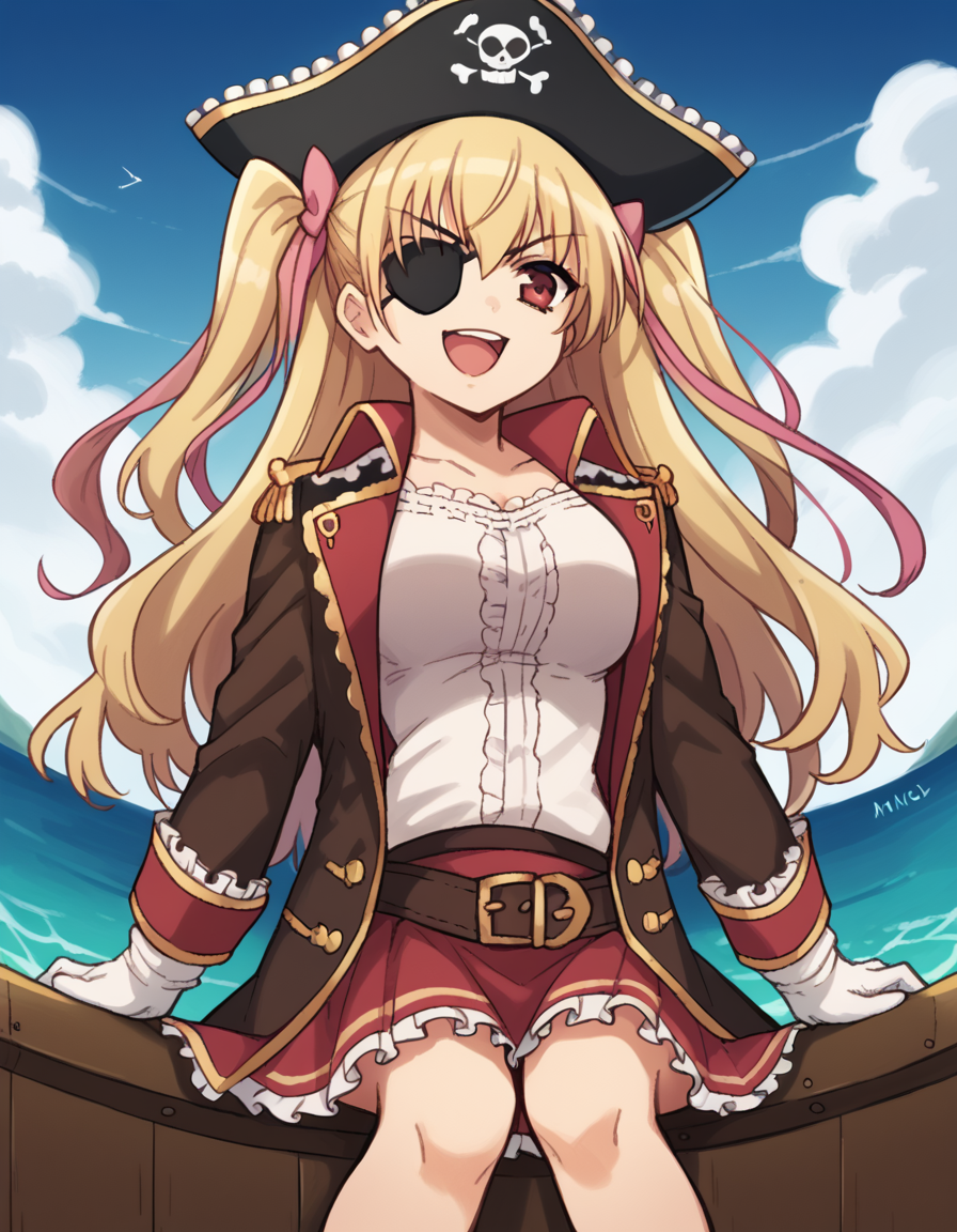 score_9, score_8_up, score_7_up, source_anime, <lora:riko-mine-s1-ponyxl-lora-nochekaiser:1>, riko mine, long hair, blonde hair, ribbon, red eyes, hair ribbon, twintails, two side up, large breasts,, <lora:pirate-costume-ponyxl-lora-nochekaiser:1>, pirate costume, pirate hat, skirt, gloves, jacket, shirt, eyepatch,, blue sky, sea, ocean, pirate ship, treasure, gold, smug, open mouth, from below, sitting,, , dutch angle, cowboy shot