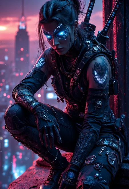 A powerful, futuristic 'girlboss' with glowing, cybernetic enhancements that run through her sleek, dark skin like neon veins. Her eyes are a striking electric blue, glowing faintly beneath a visor that provides a sharp, analytical gaze. She sits on the edge of a towering skyscraper, looking down at the neon-lit city below, a city of chaos and technology. Her outfit is a mix of sleek, modern tactical gear and high-fashion, with a black, armored jacket lined with holographic patterns and chrome accents. Her pants are tight, reinforced with futuristic materials, and her boots are heavy, with metallic soles that click against the rooftop. She holds two gleaming katanas, their blades humming with energy, resting them on her shoulders as she contemplates, a sense of tired but unyielding strength in her posture. Her dark, slick hair is styled in a high ponytail, a few loose strands framing her face, giving her a sharp, focused look. Her face shows a hint of exhaustion, but her demeanor remains powerful and unbreakable, as if she’s conquered a thousand battles. Above her, a glowing city skyline stretches into the horizon, filled with towering skyscrapers, with a vivid red landscape. The entire scene has a gritty, cyberpunk atmosphere, with a strong, modern, and badass aura that radiates from her every move.