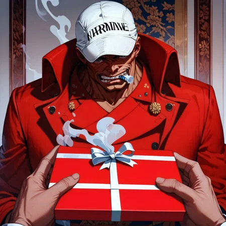 score_9, score_8_up, score_7_up, masterpiece, red suit, white cap, 1 boy, akainu, cigar, very high quality, PovGifting, pov hands, holding gift, gift box