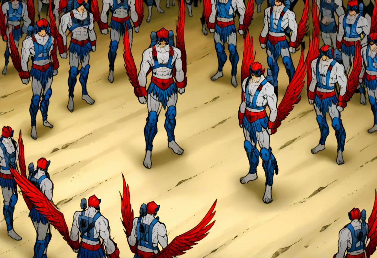masterpiece, best quality, official style, anime screencap, anime coloring, BREAK Stratos, Red Wings, Helmet, Skirt, Feathers, Goggles, Barefoot, Male, Muscular, Armor, Leg Armor, crowd, view from above, standing, sideview