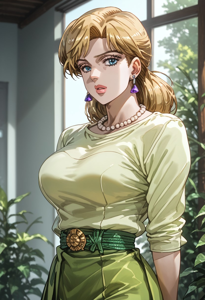 score_9, score_8_up, score_7_up, vibrant colors, dim light, steamy, depth of field, bokeh, detailed anime masterpiece, highly detailed, (dynamic lighting : 0.8), volumetric lighting
masterpiece, best quality, newest, absurdres, CG, anime, source anime, illustration, very aesthetic, high resolution, ultra-detailed, newest, scenery, medium depth of field, rule of thirds, masterpiece-level, clean lines, sharp, focused subject, j0j0, (jojo bizarre adventure:0.3)
BREAK 1girl, ((solo)), Holy Kujo, Blonde Hair, Blue Eyes, mature woman, 45 years, mature
Light Green Blouse, Purple Wrist Rings, Purple Earrings, Pearl Necklace, Silver Wedding Ring, Lime Skirt
dynamic pose, standing, hands behind her back, side shot
outdoors, wild plant with thorns and berries background, abstract, surreal, patterns, year 1988, Hirohiko Araki style, JoJo's Bizarre Adventure Stardust Crusaders style
cinematic angle, various angles, detailed background, beautiful background, (rays light:1.0),(grow:1.0), light particles