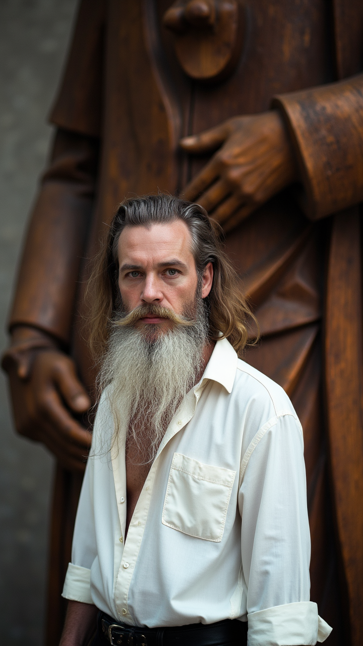 photograph, A man with a long, flowing beard and piercing green eyes stands in front of a large wooden statue. He wears a white shirt and black pants, Kodak portra 800, Depth of field 100mm, aidmaRealisticPeoplePhotograph
