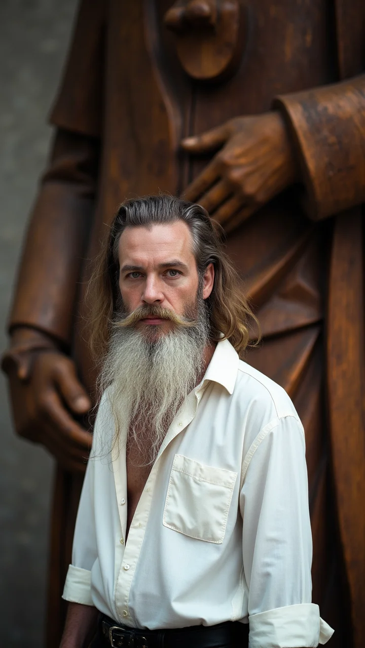 photograph, A man with a long, flowing beard and piercing green eyes stands in front of a large wooden statue. He wears a white shirt and black pants, Kodak portra 800, Depth of field 100mm, aidmaRealisticPeoplePhotograph
