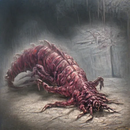 Dark Fantasy page, Inside a crypt. sluggirl woman,, stone, giant centipede, living mnoster made of stone,