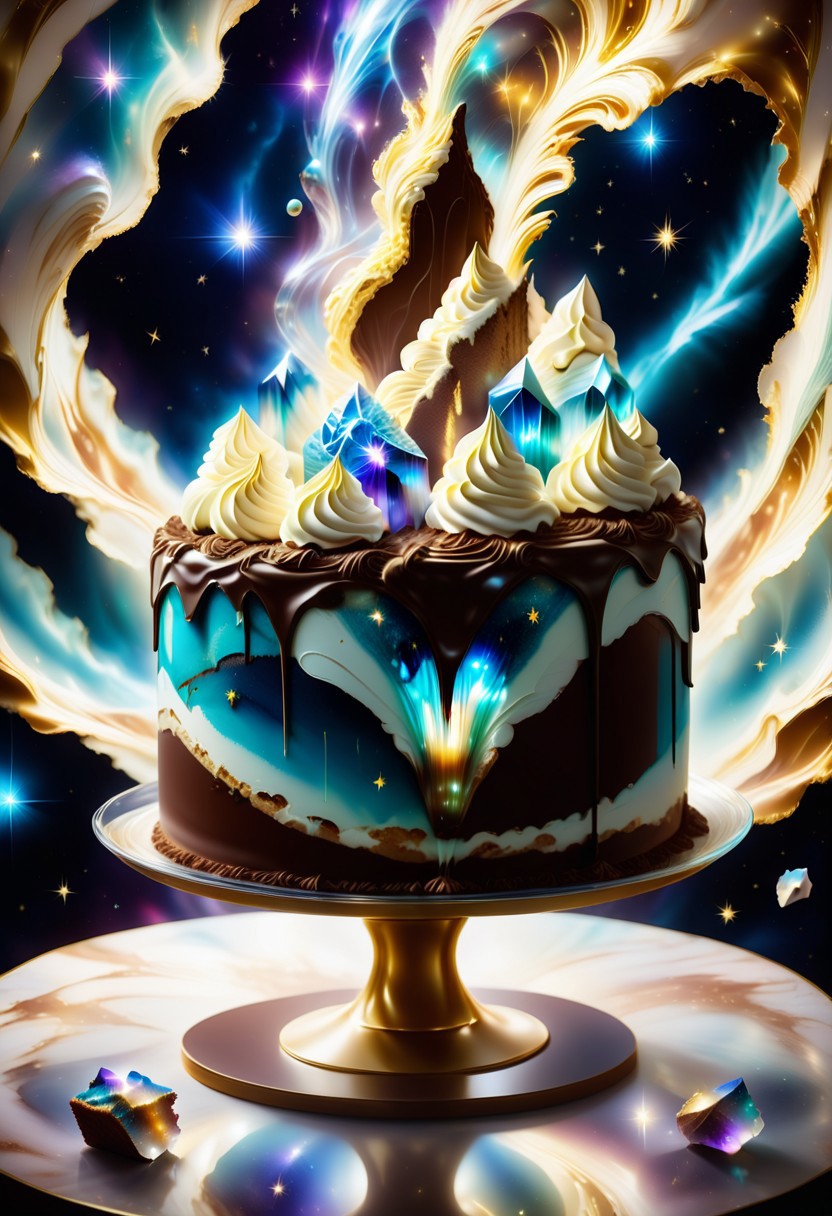 a tiramisu cake inside a thin glass, surrounded with golden stardust mist and cocoa powder, detailed with blue aura quartz by jed-auraquartz