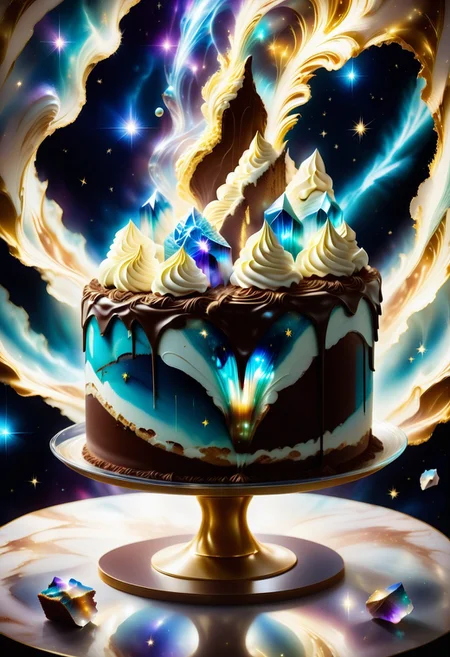 a tiramisu cake inside a thin glass, surrounded with golden stardust mist and cocoa powder, detailed with blue aura quartz by jed-auraquartz