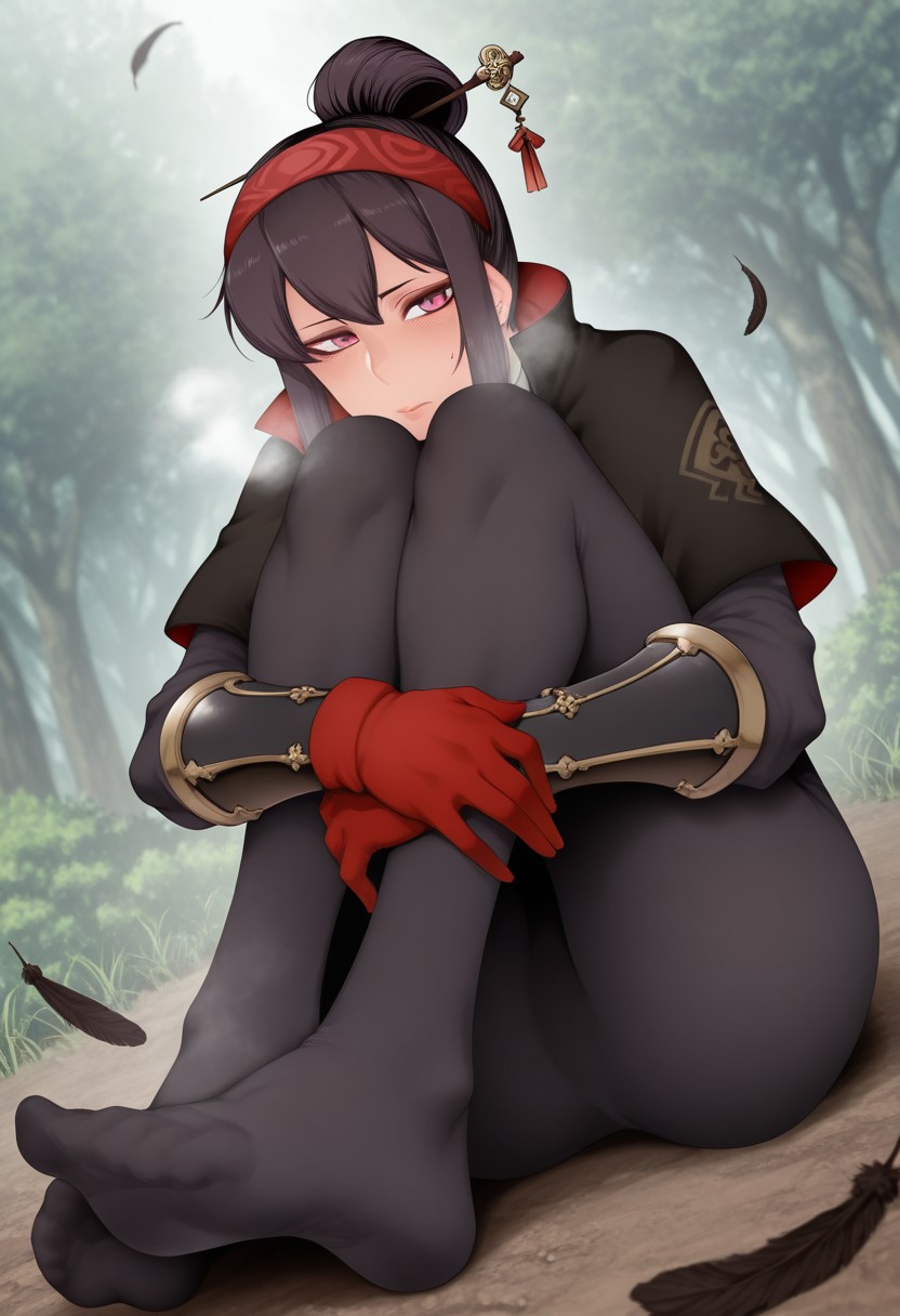 toritora,  outdoors, undershirt, falling feathers, black bodysuit, hair stick, hugging own legs, , gauntlets,   eyeshadow,   red gloves,  high ponytail,  , black capelet, red hairband, pink eyes, 1girl, solo, feet, visible breath,   dynamic angle, foreshortening, smell, steam,
