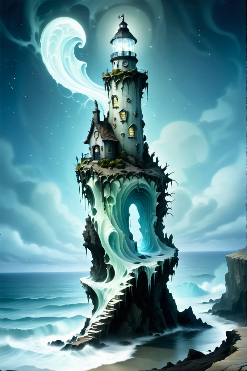 Gothic Lighthouse on the Edge of Reality - A gothic Fae (fairy) lighthouse with an unusually elongated structure perched precariously on the edge of a crumbling cliff. The light at the top glows in an unnatural color, casting bizarre shapes and shadows on the ocean below, where waves appear frozen in time, bending at impossible angles. <lora:EnvyPastelGoth02-prodigy-batch6:1> <lora:SDXLFaeTastic2400:1> <lora:Goth_SDXL_V1:1> <lora:LowBrowXL:1> <lora:GothGirlLorav0.1:1>