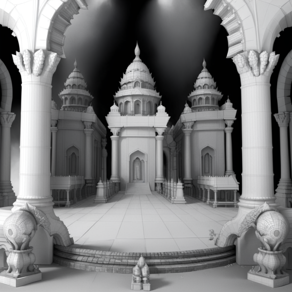 <lora:3dpolygonStyle:1>,3dm,monochrome,Create a 3D animation style image of a grand temple.