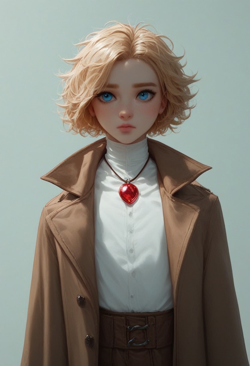 score_9, score_8_up, score_7_up, score_6_up, 1boy, cute face, cute boy, shy, studio photo, brown trench coat, noble medieval clothes, white shirt, red pendant, short hair, blue eyes, messy hair, blonde hair, slim body, low fat body, cinematic lighting, neon, thick white character outline, realistic face,