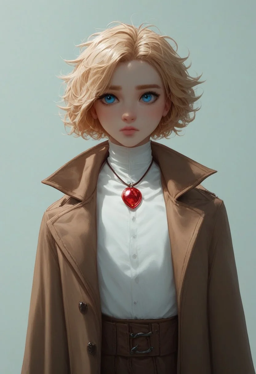 score_9, score_8_up, score_7_up, score_6_up, 1boy, cute face, cute boy, shy, studio photo, brown trench coat, noble medieval clothes, white shirt, red pendant, short hair, blue eyes, messy hair, blonde hair, slim body, low fat body, cinematic lighting, neon, thick white character outline, realistic face,