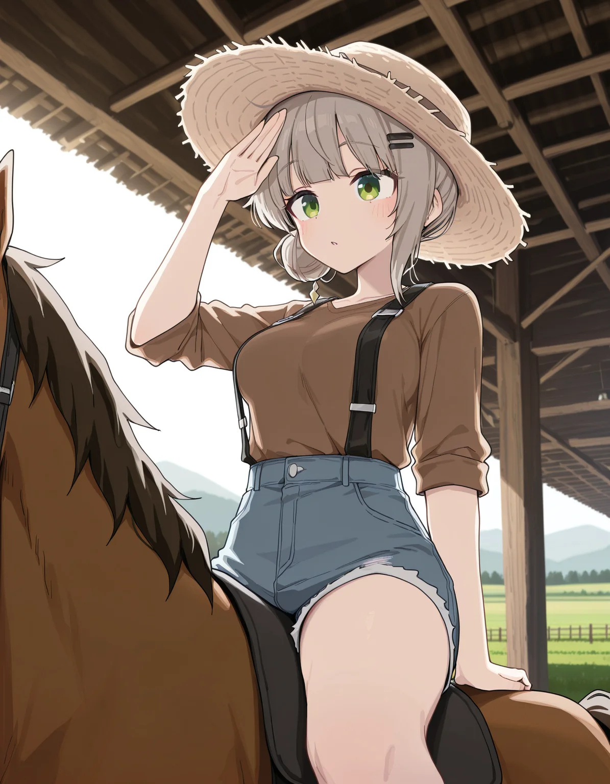 masterpiece, best quality, amazing quality, very aesthetic, absurdres, newest, (scenery, volumetric lighting), 1girl, solo, wagashi \(dagashiya\), healthyman, ekakibito, [flasso, barbarian tk], [[[mel \(melty pot\), yamamoto souichirou, bee \(deadflow\), suujiniku]]], Viich4n, brown hair, grey hair, short hair, black hairclip, single sidelock, single side bun, bangs, green eyes, from below, farm, horse, animal, side saddle, riding, brown shirt, straw hat, denim shorts, suspender shorts, medium breasts, ((sunbeam, shading eyes, sleeve rolled up, arm support, riding)), hand up, looking afar, caststation illu