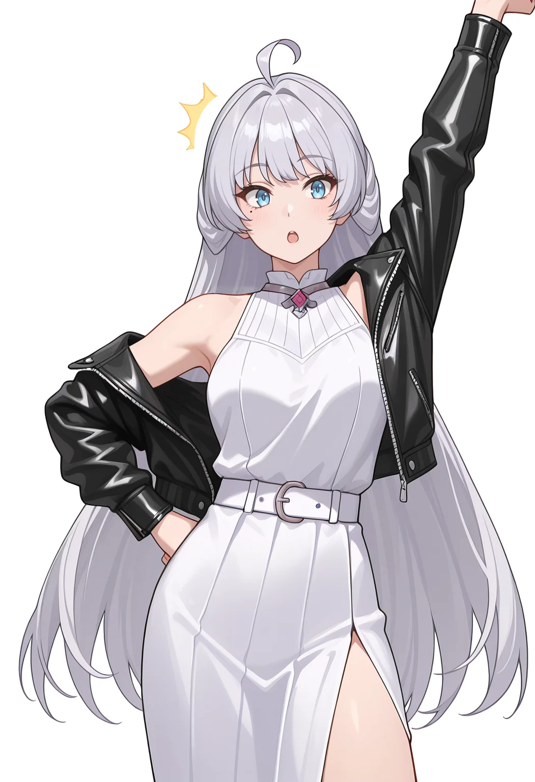 Smooth Quality,masterpiece,very intricate, high quality details, ultra realistic, high detailed skin,detailed enviorement,absurdres,
simple background, white background,
front view,surprised,stretching, one arm raised, other on hip, slight side bend, relaxed body, ,
side slit skirt, ,biker jacket, ,bolero, , <lora:Crylet_Kureha_cnn:0.8>kurehacnn,1girl,bangs, blue eyes, ahoge, mole, bare shoulders, grey hair, very long hair,