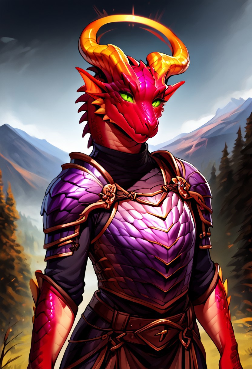 Dragonborn, furry dragon, rainbow scales, chromatic scales, (violet green and red gradient scales), (yellow horns with purple tips), gradient scales, female, flat chest, solo, cian underbelly scales, spiked scales, standing, relaxed pose, h0rns, ram horns, straight swirled horns,  magic halo floating overhead, cleric armor, full armor, cleric clothes, medieval clothes under armor, armor mantle, bright green eyes, detailed eyes, slim shape, gentle smile, mountains background, exterior, fullbody