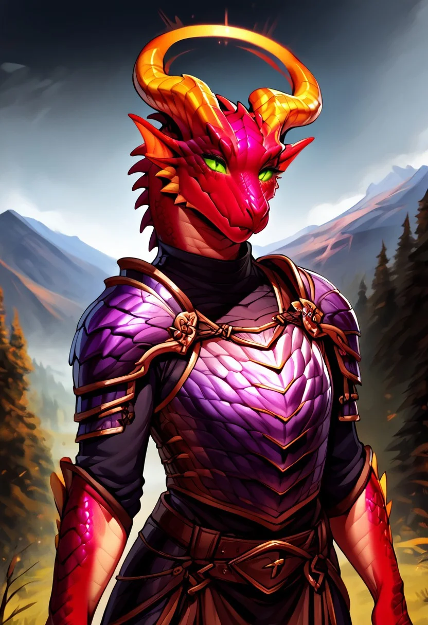 Dragonborn, furry dragon, rainbow scales, chromatic scales, (violet green and red gradient scales), (yellow horns with purple tips), gradient scales, female, flat chest, solo, cian underbelly scales, spiked scales, standing, relaxed pose, h0rns, ram horns, straight swirled horns, magic halo floating overhead, cleric armor, full armor, cleric clothes, medieval clothes under armor, armor mantle, bright green eyes, detailed eyes, slim shape, gentle smile, mountains background, exterior, fullbody
