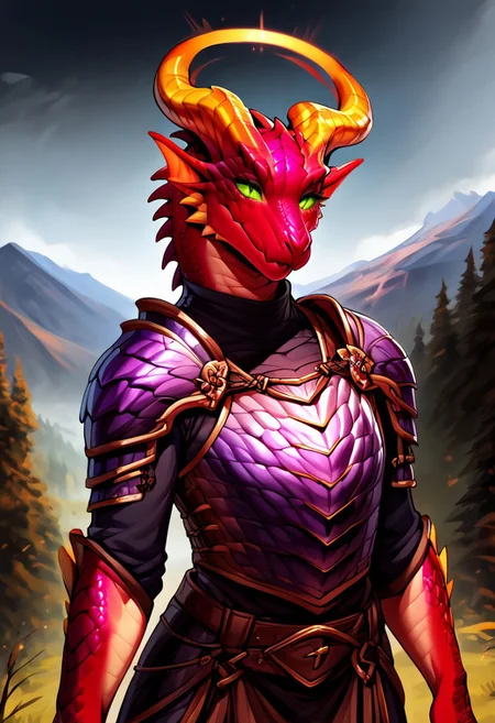 Dragonborn, furry dragon, rainbow scales, chromatic scales, (violet green and red gradient scales), (yellow horns with purple tips), gradient scales, female, flat chest, solo, cian underbelly scales, spiked scales, standing, relaxed pose, h0rns, ram horns, straight swirled horns,  magic halo floating overhead, cleric armor, full armor, cleric clothes, medieval clothes under armor, armor mantle, bright green eyes, detailed eyes, slim shape, gentle smile, mountains background, exterior, fullbody