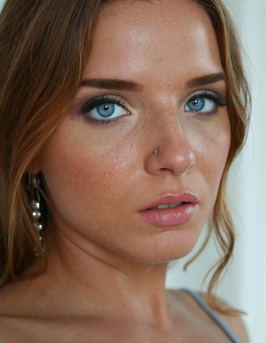 The reflective surfaces of her earrings and outfit create a dynamic interplay with the environment, emphasizing her sleek presence. The minimalist background allows the viewer to focus on her eye-catching fashion and makeup. Captured with a Sony A7R IV camera and a 50mm f/1.2 G Master lens for a beauty editorial shoot, this composition highlights her fashion-forward aesthetic. Inspired by avant-garde fashion photography from Sølve Sundsbø, this image blends contemporary fashion and minimalist elegance, embodying mythp0rt and niji_flux styles for a sleek, high-fashion vision. ((portrait))
