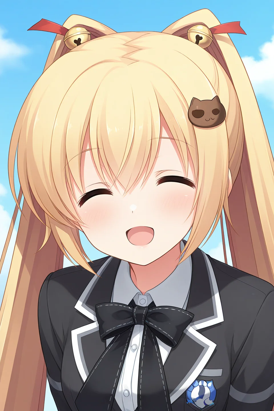 masterpiece, best quality, absurdres, official art, official style, rating general BREAK <lora:asasakameguri_IL_v1-4:0.7>, asasaka meguri, 1girl, solo, blue eyes, blonde hair, twintails, hair between eyes, very long hair, hair ribbon, red ribbon, hair bell, jingle bell, cat hair ornament, small breasts, looking at viewer, school uniform, long sleeves, black jacket, white shirt, black bowtie, black necktie, short necktie, blazer, buttons, emblem, collared shirt, striped sleeves, upper body, portrait, close-up,
blush, :d, ^o^, closed eyes, facing viewer, happy, joyful, open mouth