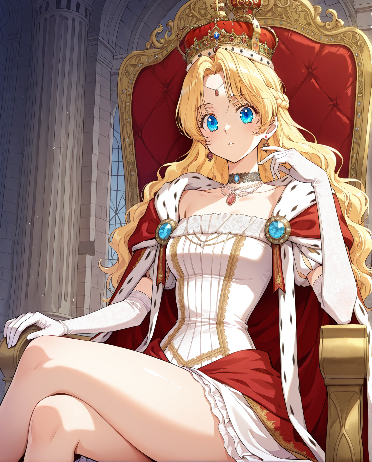 <lora:Athanasia_r1:1>
1 girl, solo, princess, blue eyes, blonde hair, long hair, wavy hair, french braid, bangs, parted bangs
white dress, necklace, collarbone, earrings, choker, gem, jewelry, red cape, crown, bracelete, pearl necklace, white gloves, elbow gloves
(Anime_source),Masterpiece,(perfect female body:1.2), small waist,(incredibly detailed:1.4), slim, beautiful fingers,  thick thighs, parted lips, looking at viewer,  1girl, sitting on throne, crossed legs, castle room background