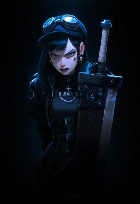 masterpiece, best quality, good quality, newest, very awa, 
1girl, hat, goggles, Buster Sword R5, tattoo, goth, angry face, star earrings,