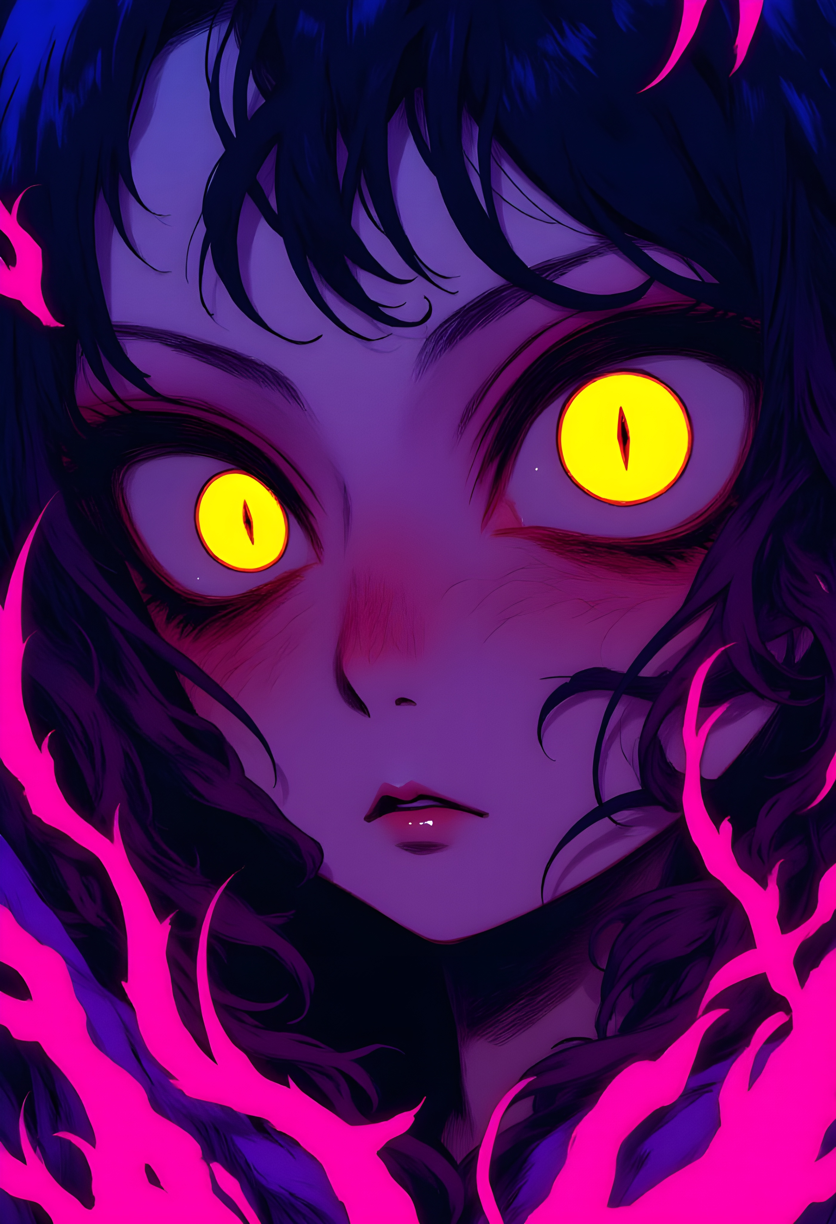 c1nna_sh4de, The image is a digital illustration in a vibrant, neon-lit manga/anime style. The artwork focuses on a close-up view of a character, with the background featuring a dramatic, pulsating blend of purples, pinks, and magenta hues, casting an intense, surreal atmosphere. The character is a young woman with striking, expressive yellow eyes that dominate the frame, emitting a piercing glow. These eyes, with their sharp, elongated pupils and thin, black, vertically slit pupils, give an otherworldly or possibly supernatural appearance. She has long, dark hair cascading around her face, with a few strands framing her face.