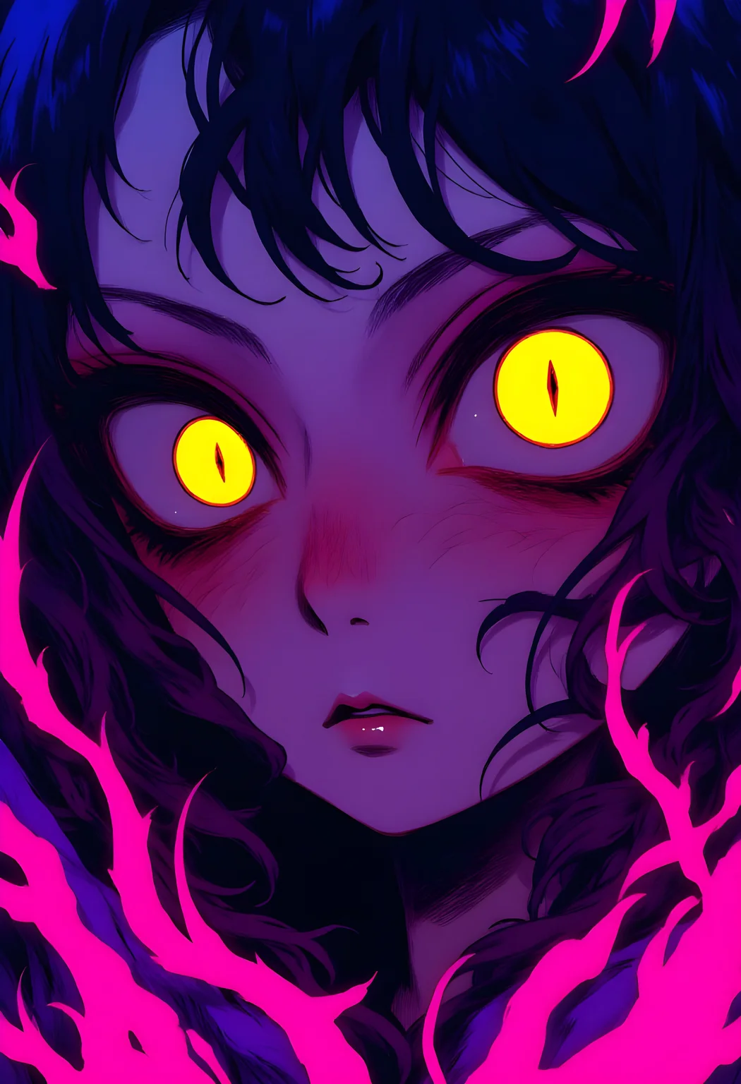 c1nna_sh4de, The image is a digital illustration in a vibrant, neon-lit manga/anime style. The artwork focuses on a close-up view of a character, with the background featuring a dramatic, pulsating blend of purples, pinks, and magenta hues, casting an intense, surreal atmosphere. The character is a young woman with striking, expressive yellow eyes that dominate the frame, emitting a piercing glow. These eyes, with their sharp, elongated pupils and thin, black, vertically slit pupils, give an otherworldly or possibly supernatural appearance. She has long, dark hair cascading around her face, with a few strands framing her face.