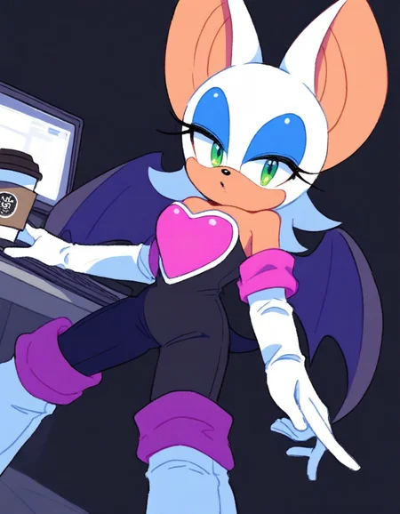 , <lora:rouge-the-bat-illustriousxl-lora-nochekaiser:1>, rouge, animal ears, bat ears, bat girl, bat tail, bat wings, eyeliner, furry, furry female, green eyes, makeup, tail, white hair, wings, eyeshadow,, bare shoulders, boots, elbow gloves, gloves, heart, knee boots, white footwear, white gloves,, home office, working from home, computer screen, coffee cup, focus, deadline, , v,, looking at viewer, solo,, dutch angle, cowboy shot