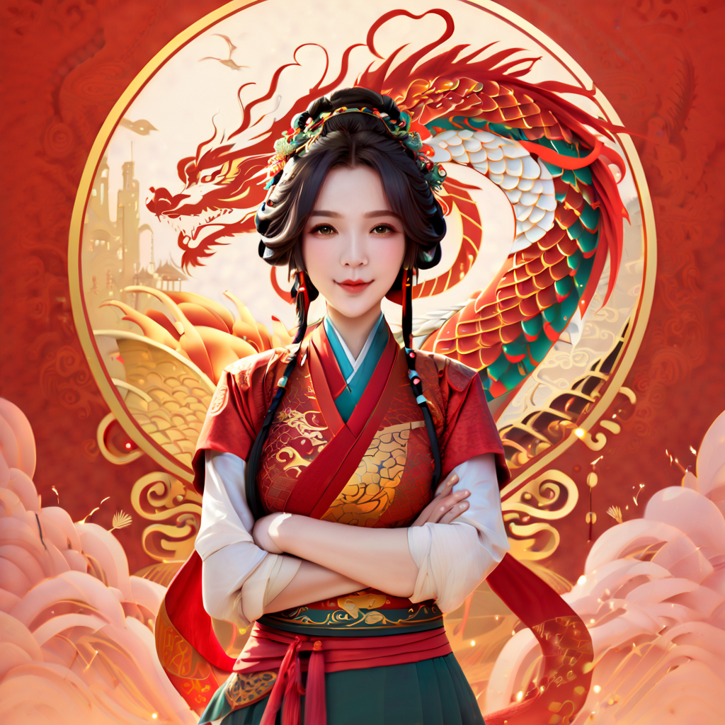 gufengstyle,Masterpiece, best quality, 4k, Chinese New Year, red background, festive atmosphere, Chinese girl illustration, dragon illustration, detailed character design,
Lucky Dragon Boy Digital Painting, Using Global Illumination Style<lora:gufengstyleSDXL-000016:1>