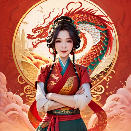 gufengstyle,Masterpiece, best quality, 4k, Chinese New Year, red background, festive atmosphere, Chinese girl illustration, dragon illustration, detailed character design,
Lucky Dragon Boy Digital Painting, Using Global Illumination Style<lora:gufengstyleSDXL-000016:1>